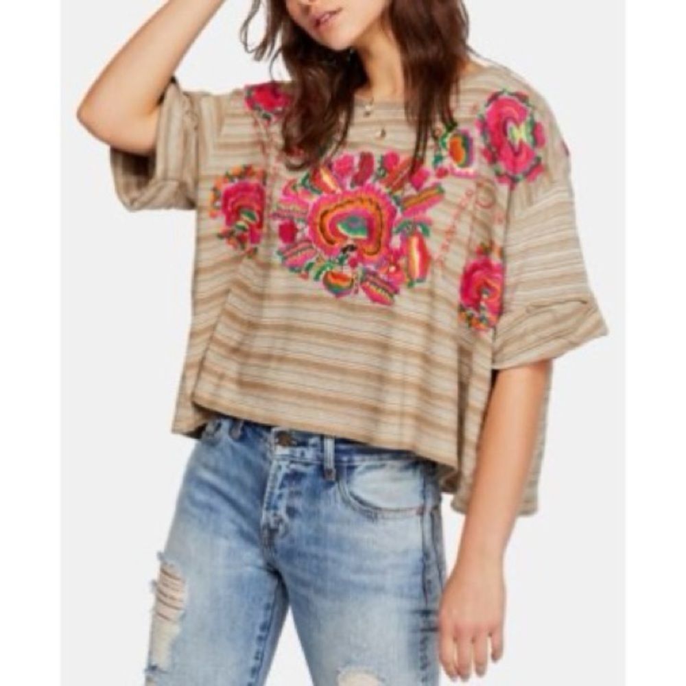 Free People Tan Striped Blouse with Pink Floral Embroidery